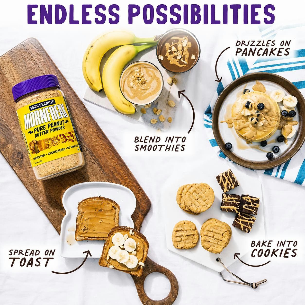 Mornfreak peanut butter powder used four ways: spread on toast, blended into smoothies, drizzled on pancakes, and baked into cookies.